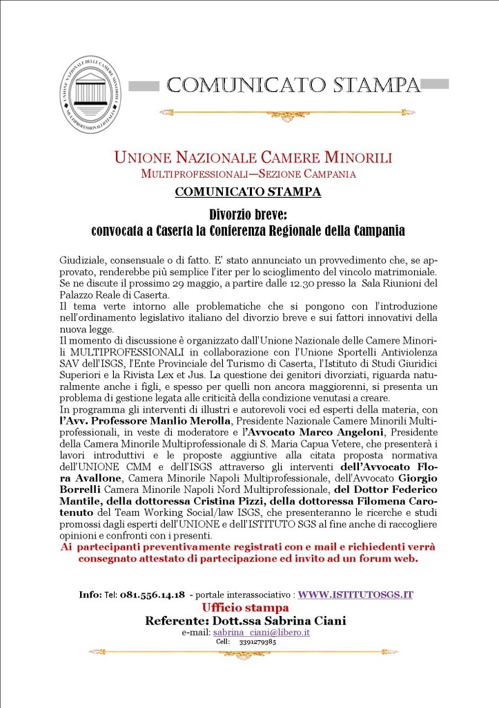 COMUNICAZIONE UNIONE NAZIONALE  CAMERE MINORILI MULTIPROFESSIONALI   COMUNICATO STAMPA